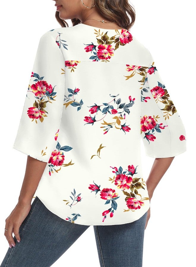 LAOLASI Womens Summer Clothes Elegant 3/4 Sleeve V Neck Chiffon Blouses for Women Casual Flowy Tops Shirts,Floral White,XXL - Image 2